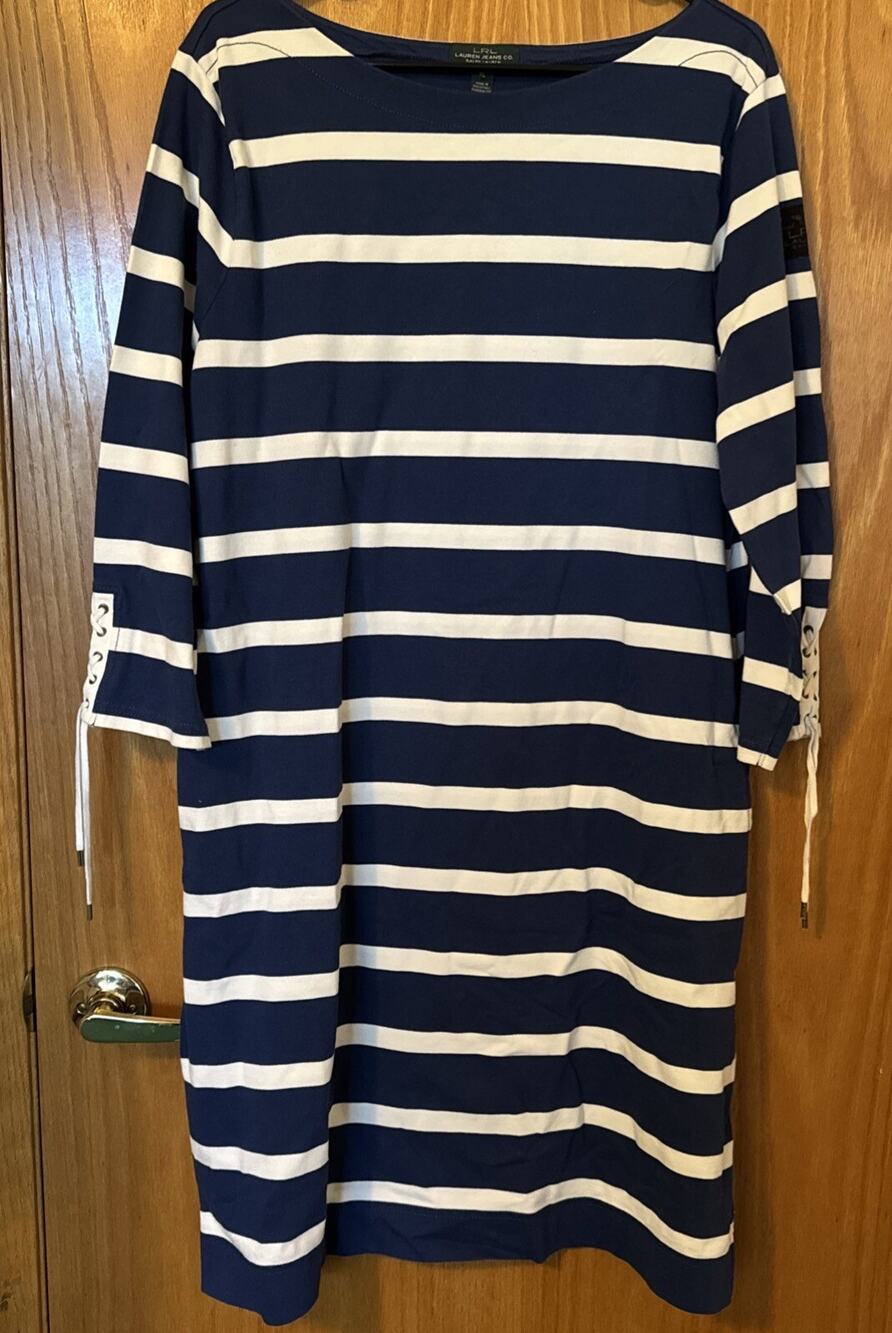 Lauren By Ralph Lauren Blue And White Striped Dress with pockets Sz XL Nautical